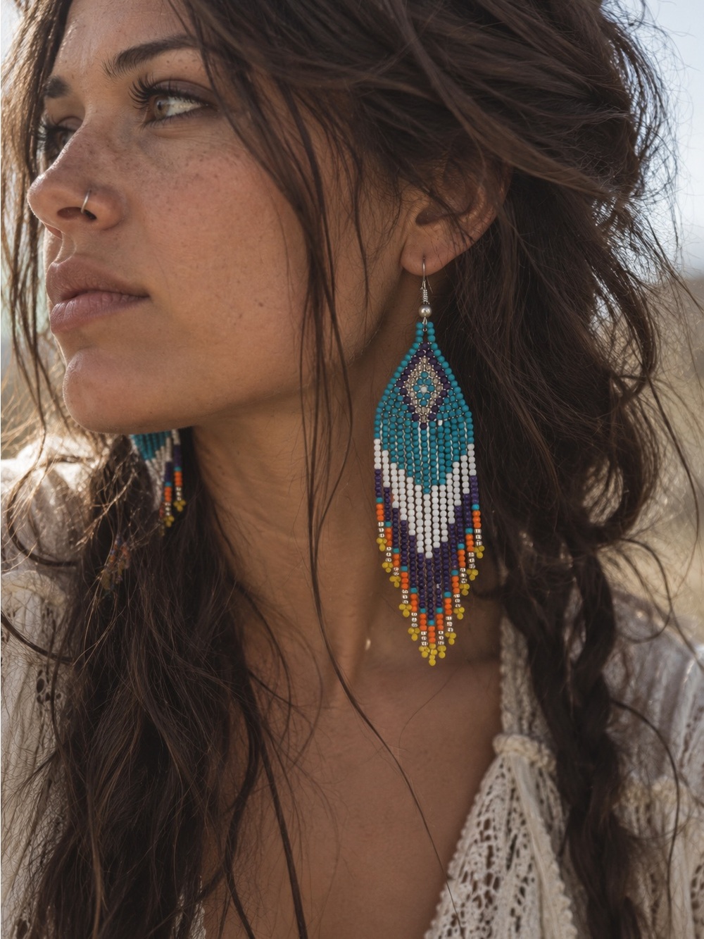 Boho Turquoise Seed Beaded Fringe Earrings